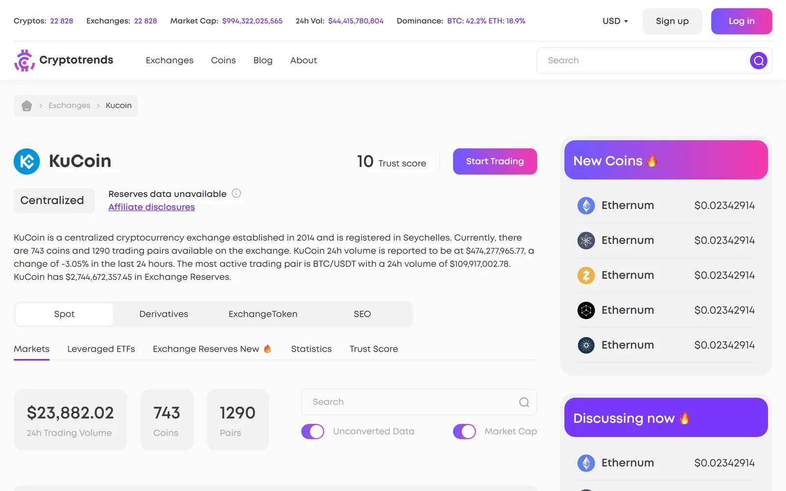 Страница биржи KuCoin: описание, вкладки рынков, резервов, статистики и Trust Score