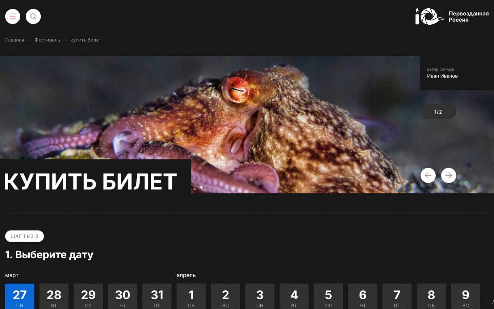Покупка билета: шаг 1 из 3, выбор даты