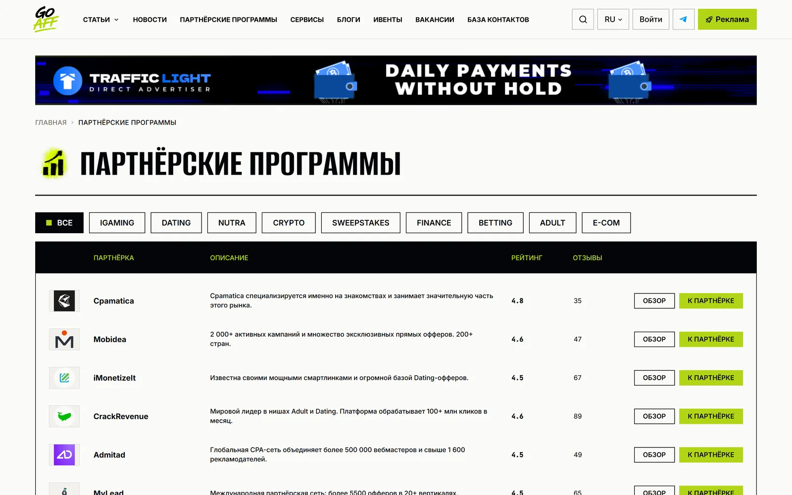 Каталог партнёрских программ с вкладками вертикалей